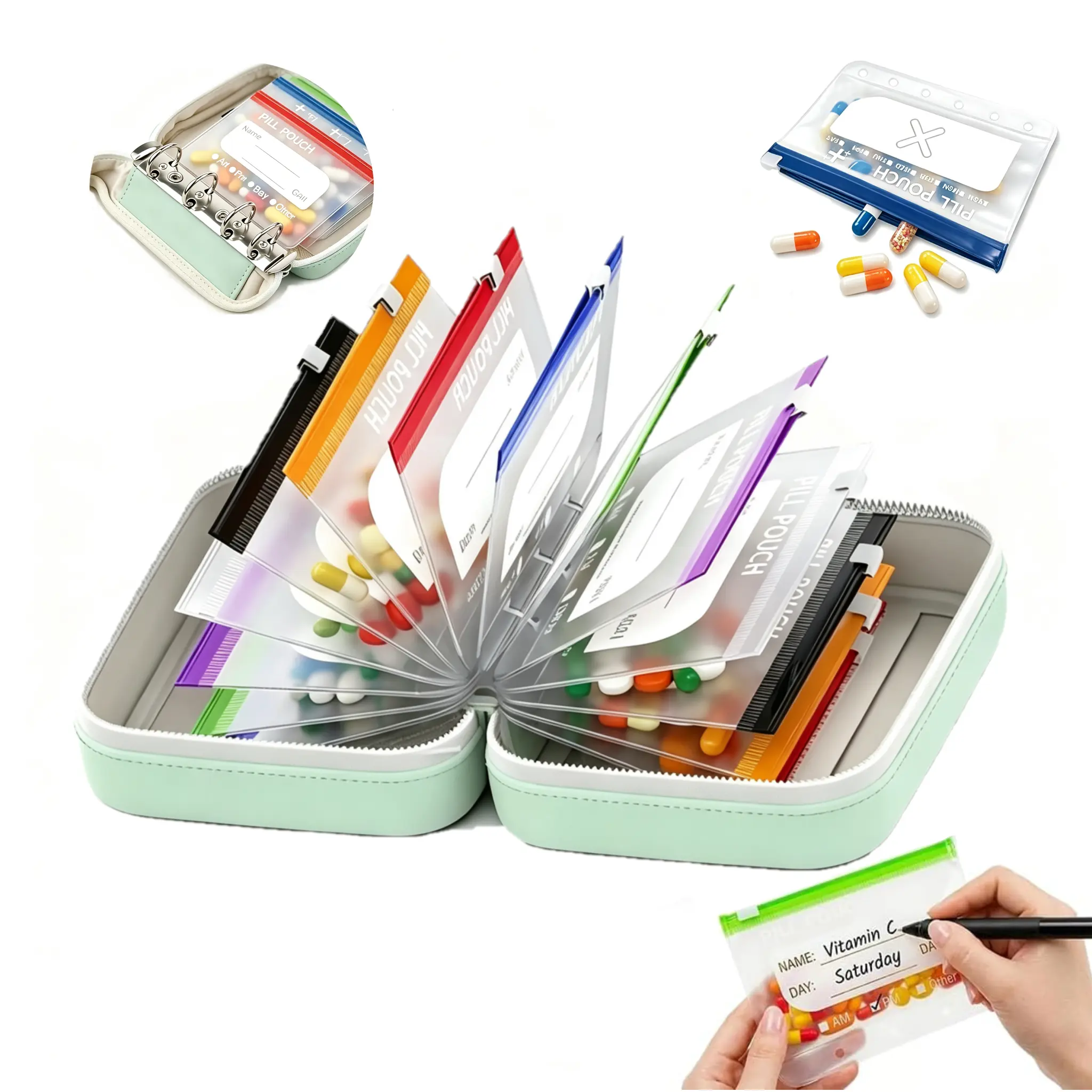Waterproof Pill Pouch Set, 14Color Bags Inside, A8 Waterproof Pill Organizer Set, 7 to 14 Days of Meds,Zippered Pill Storage for Fish Oils, Vitamins, Reusable Pocket Pharmacy with Color-Coded Labels deals for you, summerwins