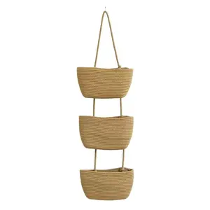 3-Tier Woven Cotton Over the Door Hanging Basket, Wall-Mounted Jute Storage Organizer, Soft Natural Cotton Nursery Basket for Diapers Toys Toiletries, Foldable Washable Decorative Storage Bin for Home Baby Shower Gift