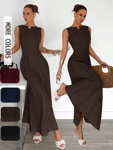 Women's Elegant Sleeveless Slim A-Line Midi Dress, Summer Casual Party Wear, Lightweight Woven & Comfortable Design, Perfect for Daily