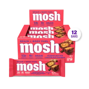 MOSH Peanut Butter Chocolate Crunch Protein Bars - 12 Bars, High Protein, Lower Sugar, High Fiber, Keto-Friendly, Gluten Free, 6+ Brain Nutrients including Cognizin, Mission Focused and Gives Back, Snack, Protein Treats