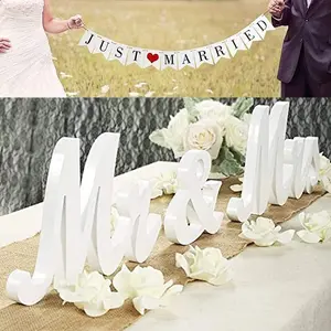 Mr and Mrs Sign for Wedding Table,Large White Mr and Mrs Sign,Wooden Letters,Mr & Miss Sign with Just Married Banner Wedding Decorations for Anniversary