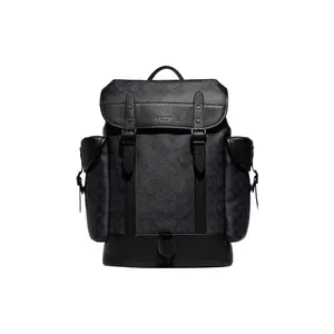 COACH Hitch 31 Classic Monogram Drawstring Snap-Clasp Backpack in Coated Canvas and Leather, Large Size for Men, Black