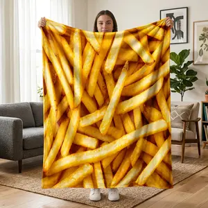 1 pc fun French fleece blanket with fries print, all-over golden crispy fries elements, quirky and soothing style. Soft, warm, comfortable nap blanket—versatile gift suitable for sofa, bed, office, shawl/wrap, camping, and travel.