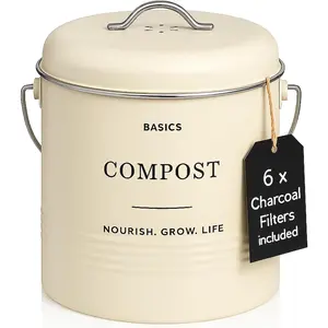 D'Lifeful Kitchen Compost Bin – 1.3 Gallon Countertop Farmhouse Compost Container with Lid – Odorless Indoor Food Scrap Pail with 6 Charcoal Filters – Eco-Conscious and Easy to Clean (Cream)