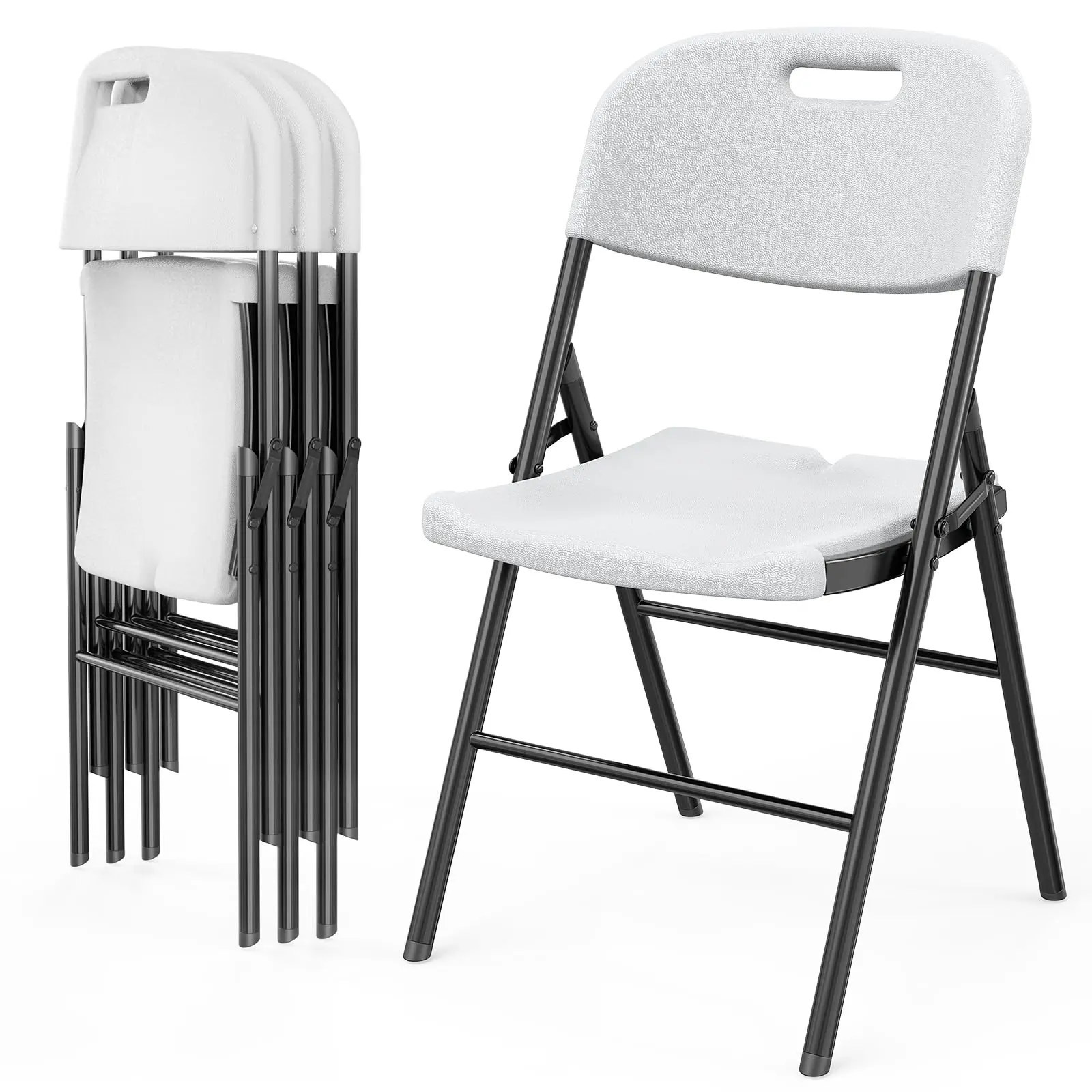 4-Pack Collapsible Folding Chairs - Heavy-Duty HDPE Plastic Seat, Steel Frame, Small Fold-Out Portable Camping Collapsible Frame Flexible Foldable Chairs for Indoor Outdoor Dining Use, White, Small Chairs