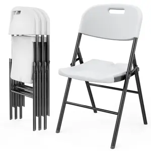 Folding Chairs, Heavy Duty Foldable Chair Portable HDPE Plastic Seat with Steel Frame for Indoor Outdoor Dinning Party Wedding School Use, White, 4 Pack