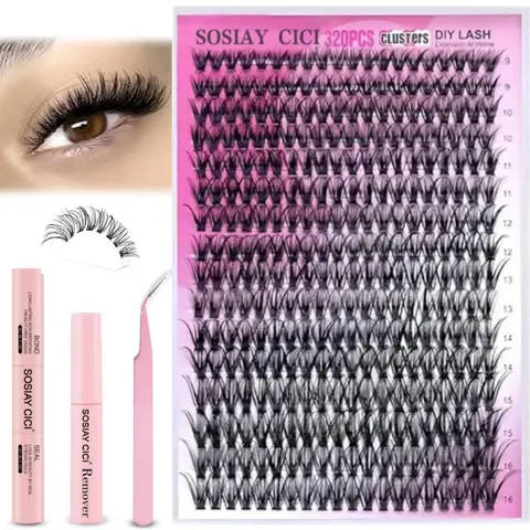 SOSIAY CICI DIY Dense 3D Lash Extension Kit for Adults (13K+ Sold) - 320Pcs 40D Curl 9-16mm Lash Clusters, Eyelash Glue, Seal, Tweezers, Remover, Makeup Brushes, Accessories Kit for False Eyelashes & Adhesives