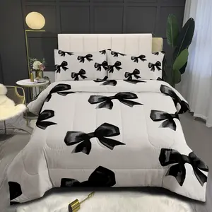 Bow Bedding Set for Boys Girls Teens,Black Bow Comforter Set,Cute Bowknot Comforter,Microfiber Bow Duvet Set,Bedroom Home Decor Quilt Set