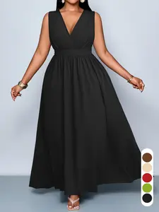 Plus Size Women's Elegant Sexy Casual Sleeveless High Waist A-Line Dress, Spring Summer Plain Color Plus Size V Neck Fitted Dress Womenswear