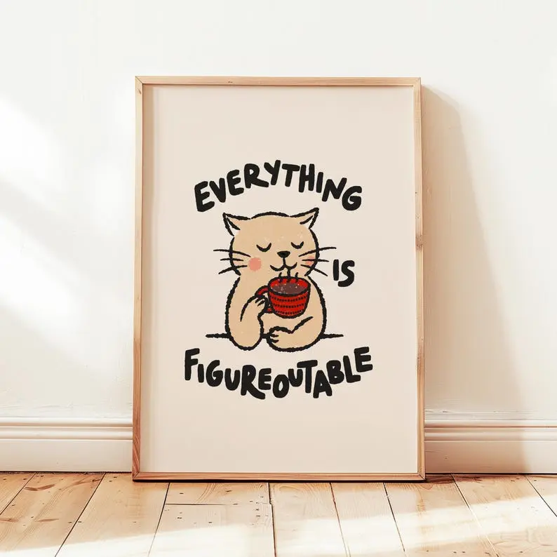 Everything Is Figureoutable Print, Positive Affirmations Office Desk Poster, Kids Motivational Decor, Cute Cat Wall Art, UNFRAMED