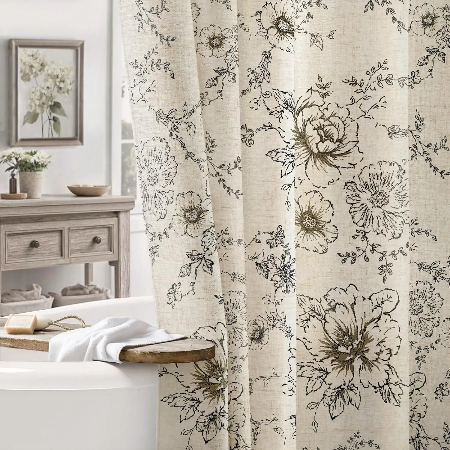 Farmhouse Floral Vintage Shower Curtain, Black Linen Spring Pattern Shower Curtains for Bathroom, Tan Taupe,72x72 2026 new