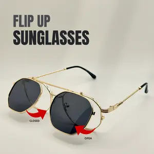 Flip Up Sunglasses for Men & Women, Vintage Metal Frame, Adjustable Lift Up Lens, Retro Steampunk Style Shades, Fashion and Festival Eyewear