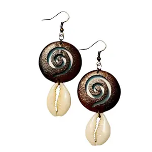 Cowrie Wooden Earrings with Unique Spiral Design and Natural Shell Accents for Stylish Accessory