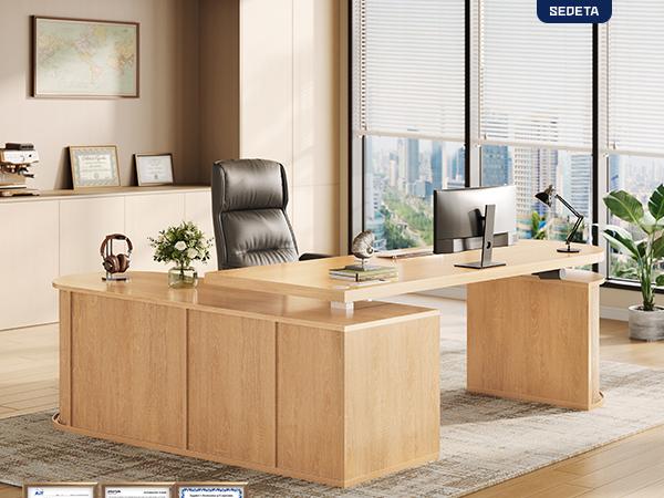 SEDETA 57 Inch L Shaped Standing Desk with Storage Electric Height Adjustable Curved Executive Desk Fluted Desk with Drawers & Power Strip for Home Office