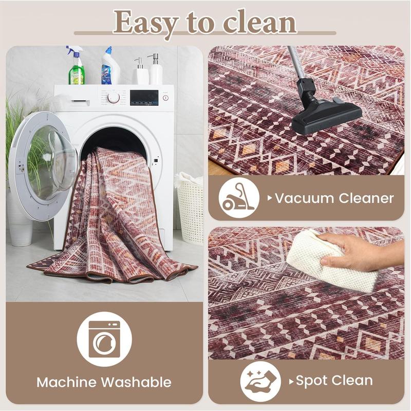 8x10 Washable Bohemian Print Area Rug with Geometric Pattern,Non-Slip Backing Indoor Modern Floor Mat,Low Pile Rug for Living Room,Bedroom,Dining Room,Dorm Home Decor, Red, Light Grey, Green,4x6,5x7,6x9,8x10 Feet