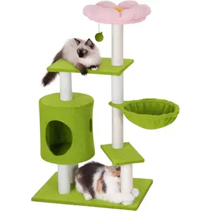41.2inch Floral Cat Climbing Frame, equipped with 3 scratching posts, suitable for indoor kittens, cute and comfortable, comes with a cat bed, hammock, and sleeping area, suitable for small pet cats, green