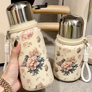 Cute High-Value Vintage Insulated Water Bottle, Stainless Steel Cup with Lid, Portable Travel Camping Mug, Outdoor Leisure Drinkware