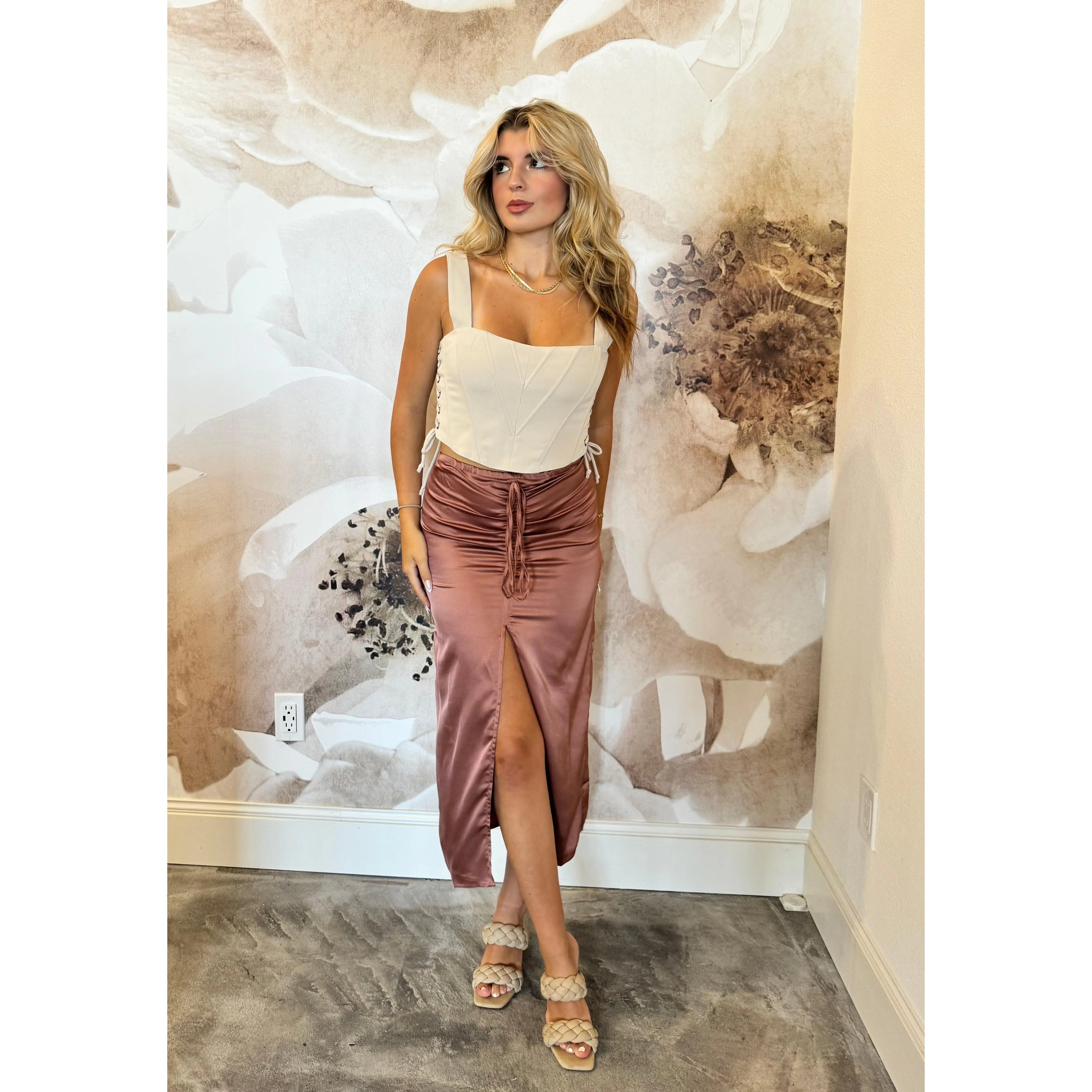 Rosie Ruched Tie Front Skirt ~ Dusty Rose