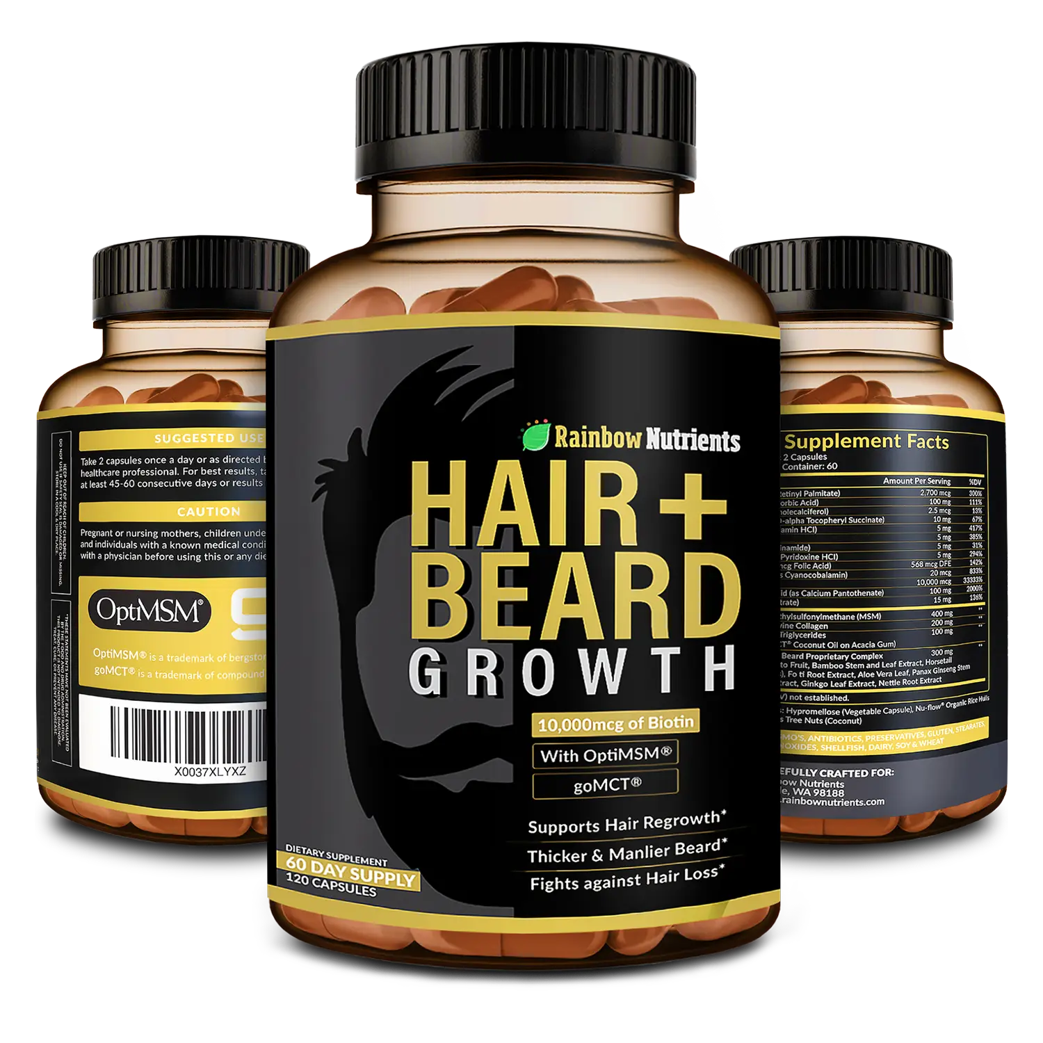 24-in-1 Hair+Beard Growth Supplement - Biotin 10,000mcg, Collagen, Patented OptiMSM, goMCT, Saw Palmetto | 60 Day Supply | Naturally Regrow Stronger,