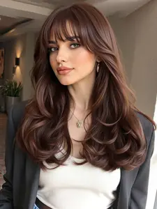 Fashion Long Curly Wig, 20 Inch Heat Resistant Fiber, Bangs, Natural Look, Suitable for Daily Use, Casual Wear, Special Occasions, Natural Looking Wigs