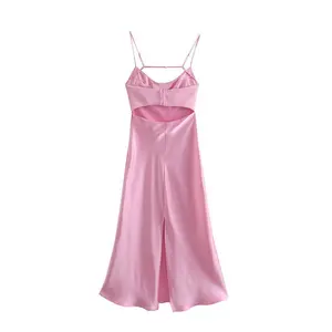 Women's Camis Satin Long Dresses Elegant Sleeveless Spaghetti Strap Backless Pink Summer Dress for Holiday Party High Waist Polyester One-Step Skirt