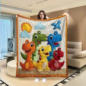 Rainbow Dinosaur Patchwork Design Fluffy Flannel Blanket, Versatile Multifunctional Use Camping Travel Throw, Room Decoration, All Seasons Gift Option Blanket