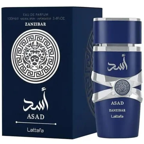 Lattafa Asad Zanzibar EDP Fragrance for Men - Regular Edition, 3.4 fl oz (3-3.9 fl oz Range) Liquid Cologne Spray, Unique and Smoky, Fresh Warm Finish, Smoky Spicy-Powdery Coconut-Vanilla, Salty Coconut Water, Incense, All-Day Wear, Single Item for Adults