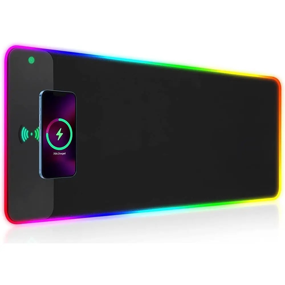 RGB Gaming Mouse Pad - 15W Qi-Compatible Rechargeable Wireless Charging, 10 Light Modes, High Brightness, 31.5x0.8in Large Size, Non-Slip Rubber Base, Built-In Power, Fast Smooth Tracking for Gamers, PC Laptop Desk, Led Lights, Wireless Charger, Rgb Color