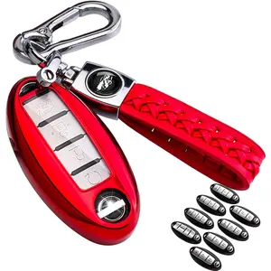 Soft TPU key cover for Nissan cars, 360-degree protection, equipped with a leather keychain, suitable for Nissan Altima, Maxima, Murano, Rogue, Sentra, 370z, Pathfinder and other models, compatible with 2/3/4/5 button smart remotes, red car accessory