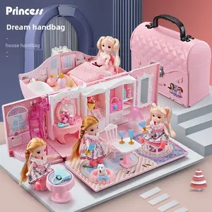 Plastic DIY Pink Princess Castle Doll House - Portable Foldable Playhouse Toy with Bedroom, Kitchen, Camping Playset, Slide, Furniture Accessories, Space-Saving, Birthday Gift for Toddler Girls