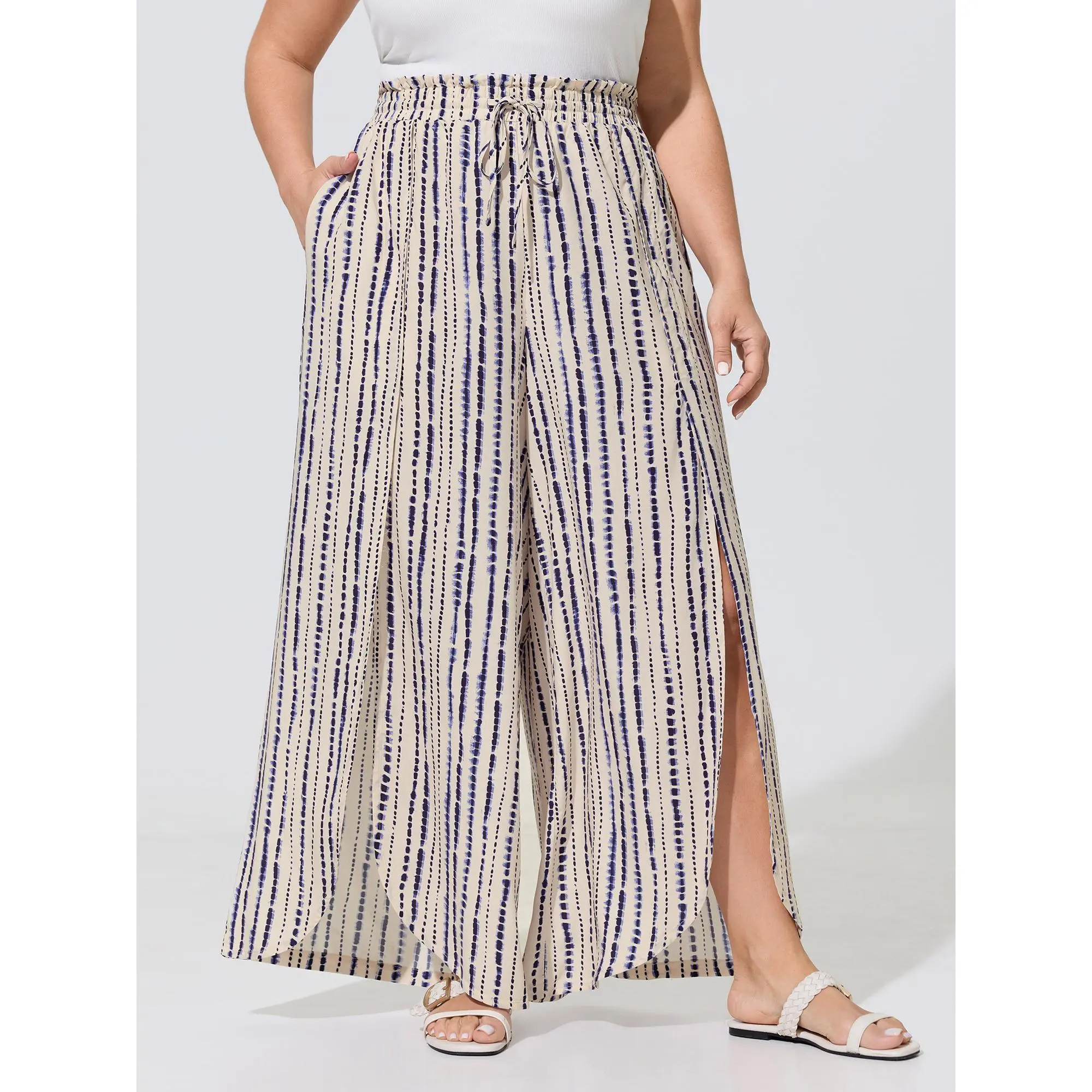 BloomChic Plus Size Mid Rise Pants, Boho Gradient Stripe Print with Split Hem, Smooth Rayon Garment with Polyester Lining, Bottoms, Fabric, Fit, Pocket, Bohemian, Women, Plus Size Clothes, Boho Vibe, Rayon Shell