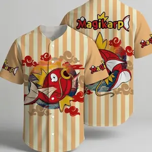 BaseMode Jerseys Magikarp Baseball Jersey PNG Funny Red Fish Graphic Retro Striped Shirt Loose Fit 100% Polyester V-Neck Short Sleeves Button-Up Front Closure