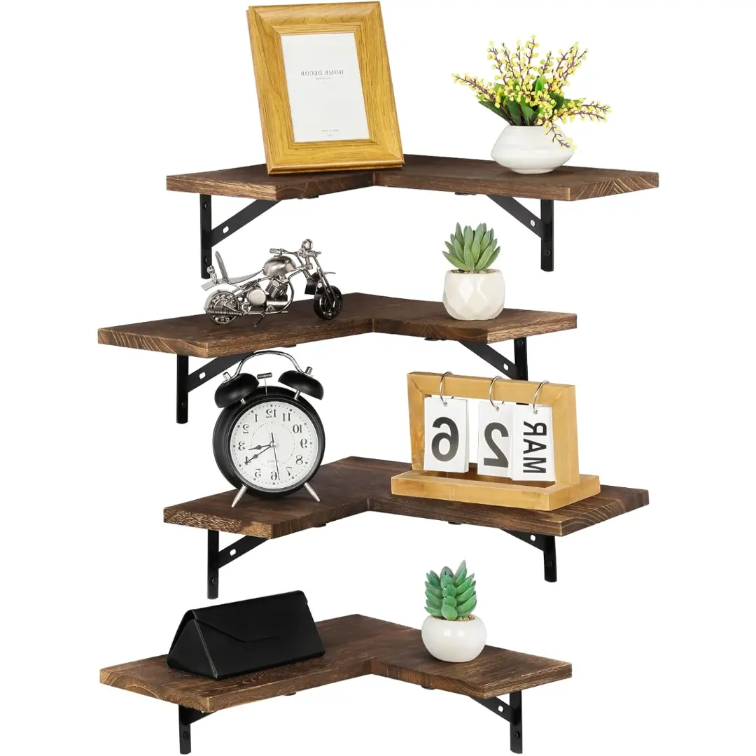 4-Piece Wooden Rustic Floating Corner Shelf Set, Lightweight Durable Wall-Mounted Storage Organizer for Bedroom, Living Room, Home Decor & Supplies, Metal
