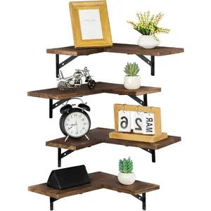 Rustic Floating Corner Shelf 4 Pcs, Wall Installation Storage Shelves for Bedroom, Living Room, Kitchen, and Office, Wall Decor and Storage Organizer