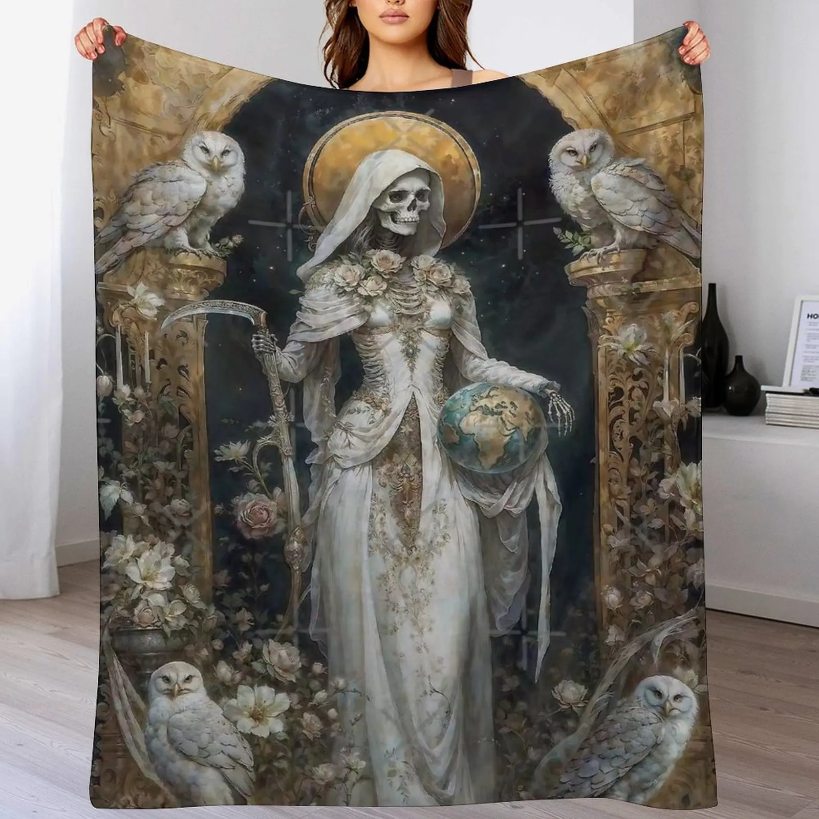 Santa Muerte Flannel Throw Blanket - Skeleton with Scythe & Globe Day of the Dead Art Print, Soft Cozy Lightweight Warm, Ideal for Home Decor, Travel, Perfect Gift for Birthday, Anniversary
