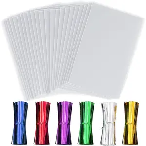 50 count Clear Cellophane  Bags 8 X12 Clear Plastic Cellophane Bags with 6 Mix Colors Twist Ties for  Wrapping,Packaging Candies,Cookie,Dessert,Bakery, Popcorn, ,Party Favor
