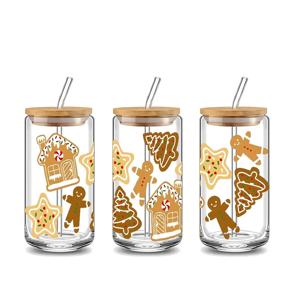 Cute Gingerbread Christmas Cookie design Glass Tumbler with Lid & Straw, Hydration Tumbler, Cup with lid and straw, 16oz covered straw glass drinking cup, glass jar design, suitable for iced coffee, beer, cold drink glass cups