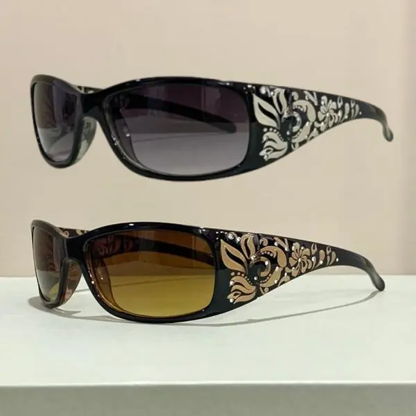 Women's Rectangular Sunglasses, 2-Piece Vintage Rimless Set with PC Frames, Rhinestone Accents & Anti-Blue Light, Vintage Rimless Sunglasses, Trendy Casual Sunglasses