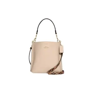 Coach Mollie Bucket Bag with Buckle Closure and Central Zipper Compartment in Ivory White Leather for Women
