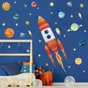 X-WPA39 Rocket Wall Stickers Outer Space Planets Peel and Stick Wall Art Decals for Baby Nursery Kids Bedroom Playroom (H:40 inches)