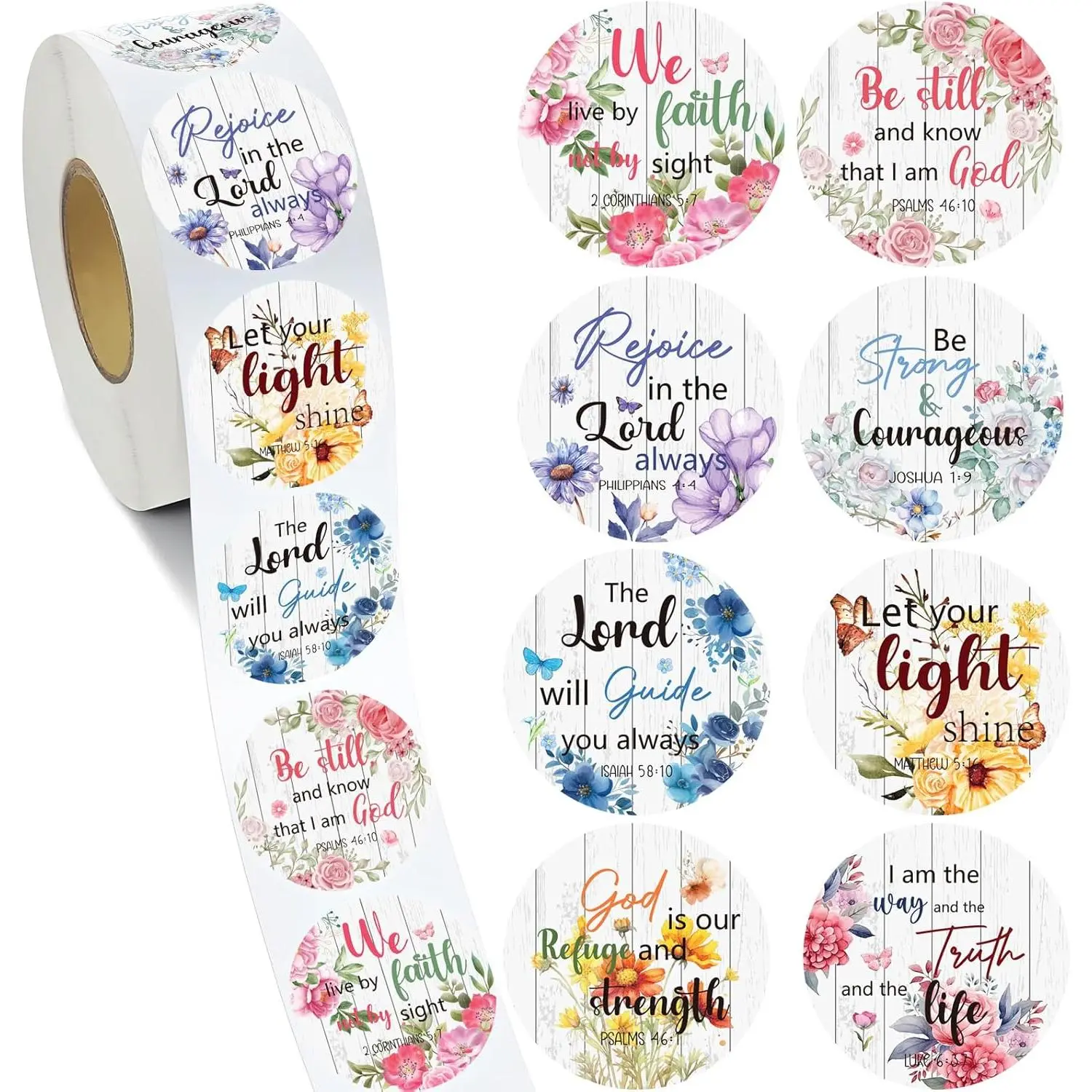 Verses Roll Stickers - 500 count Floral Christian Religious Decal Inspirational Scripture Round Sticker Flower Religion  Adhesive Labels for Envelope Party   Card School