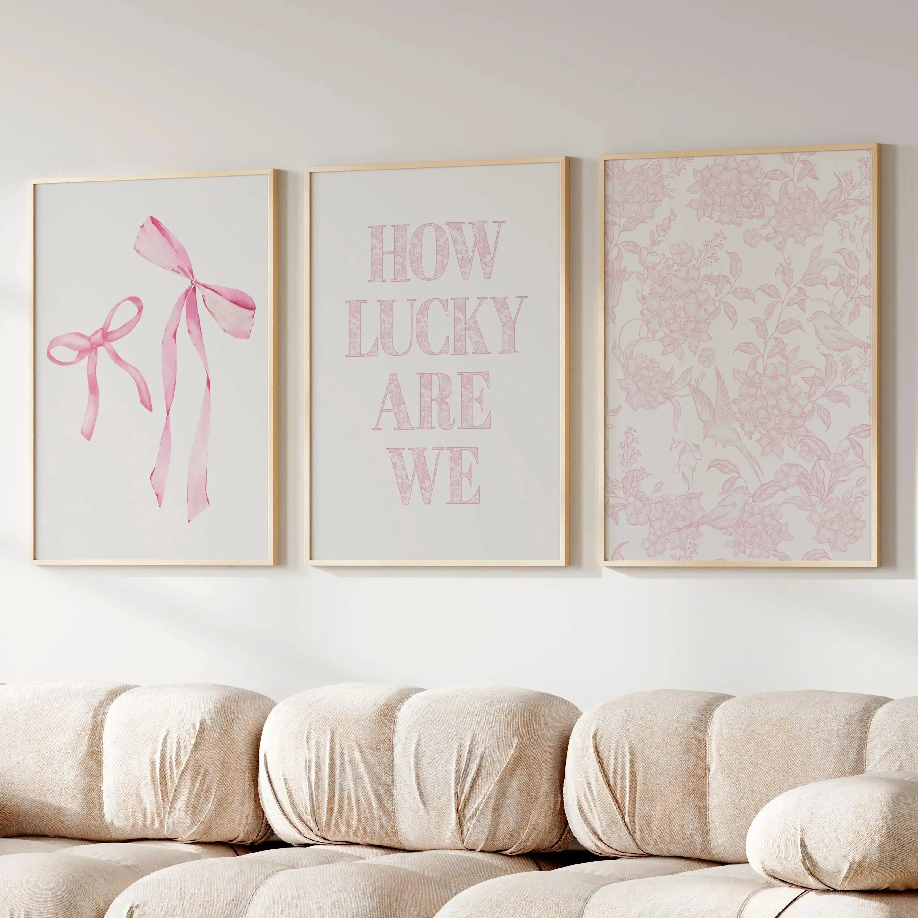 How lucky are we print Pink floral bow Poster Unframed  Aesthetic Trendy Coquette Dorm College Apartment Chinoiserie prints Pink grandmillenial