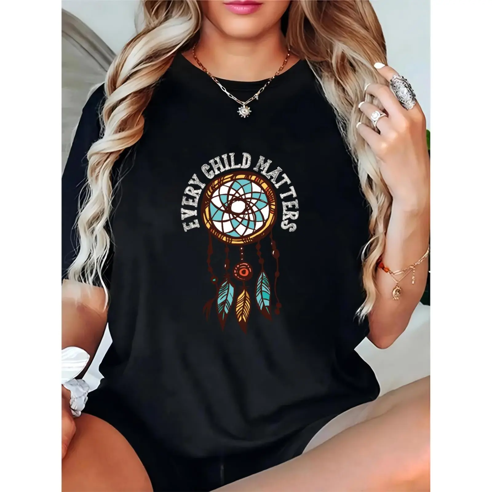 Women's Every Child Matters Dreamcatcher Graphic T-Shirt - Casual Boho Crew Neck Tee with Feather Accents for Daily Wear & Child Advocacy Awareness, Skirts, Day