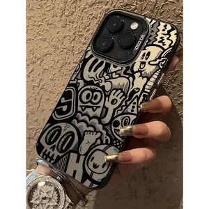 Black graffiti phone case, compatible with iPhone 17/16/15/14/13/12/11, iPhone 7/8 Plus, iPhone X/XS/Xr/Xs Max, waterproof, shockproof, drop-resistant, scratch-resistant, quirky patterns, cute style, suitable as a gift for friends, family, and yourself.