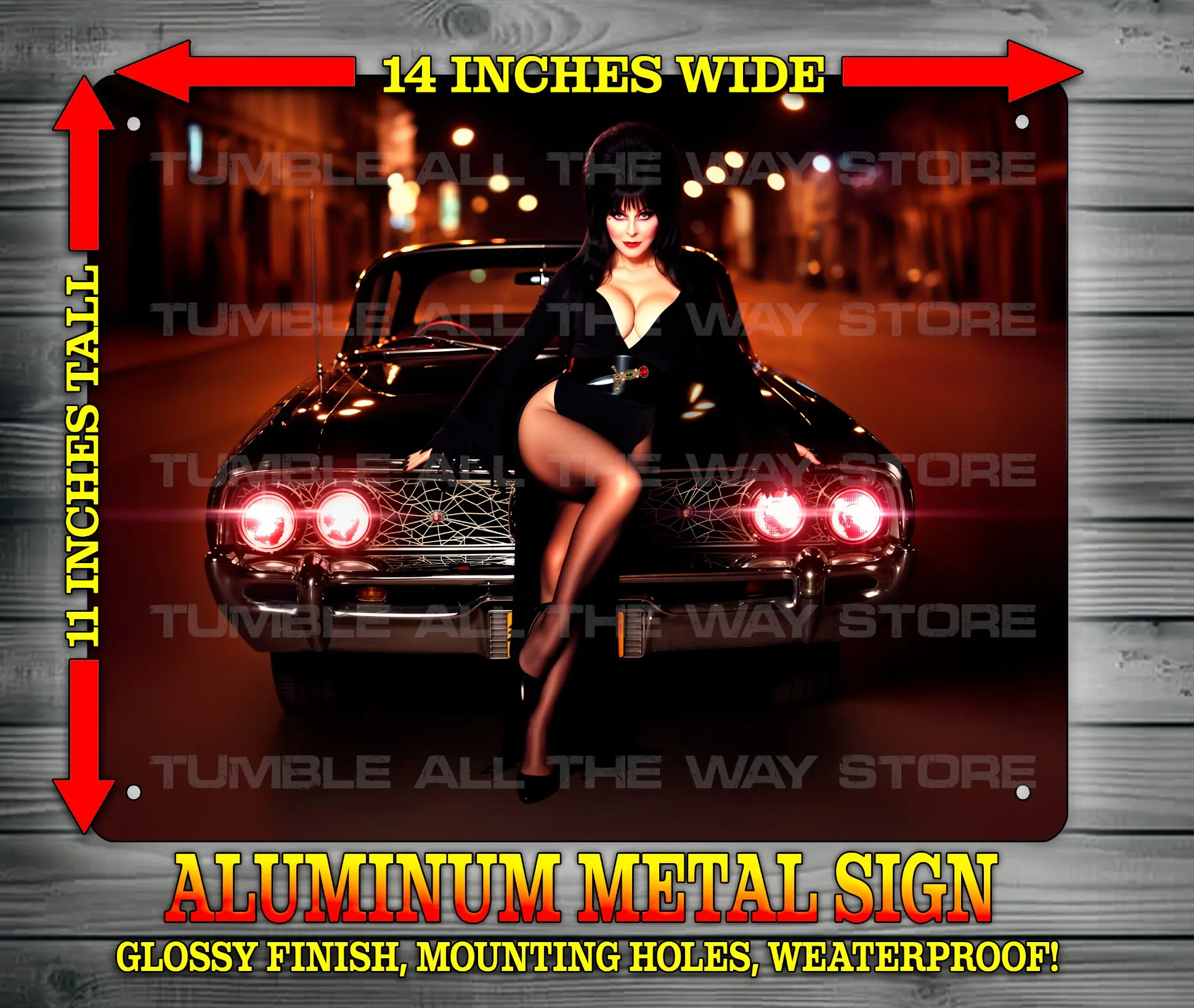 Elvira Mistress of the Dark on Macabre Hot Rod Glossy Metal Sign Wall Art 14x11" Made from Aluminum, Comes with Mounting Holes, Weatherproof!