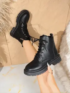 Stylish women's platform combat boots, versatile round-toe design, featuring anti-slip side zippers and laces, perfect for daily wear and outdoor adventures, fashionable and comfortable shoes, elegant short boots, combat boots, Rubber