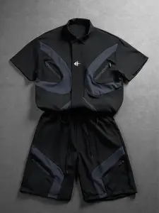 Men's Loose 2 Piece Tech Wear Set, Short Sleeve Zip Pocket Shirt and Matching Drawstring Shorts, Utility Streetwear Outfit, Summer Casual Tracksuit, Tactical Cargo Short Set, Lightweight Activewear, Festival Gym Travel Set, Men's Fashion Outfit Daily Wear