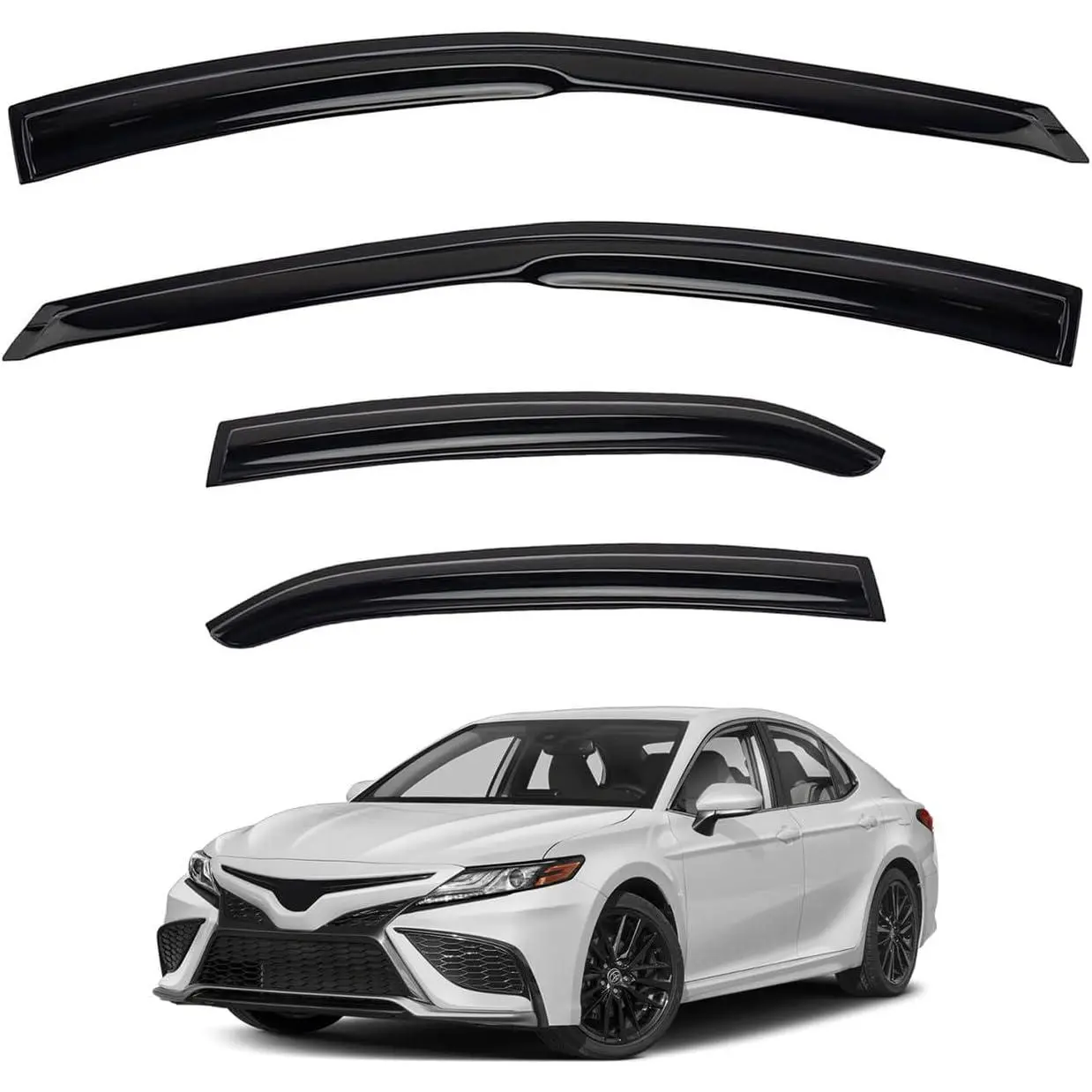4pcs Acrylic Side Window Deflectors & Visors - Compatible with 2018-2024 Toyota Camry, JDM 3D Wave MU Style, Dark Smoke Tint, UV Blocking, Sun Shielding, Reduced Wind Noise, Scratch-Resistant Coating, Tape-On Outside Mount 3M Tape, Optical Grade