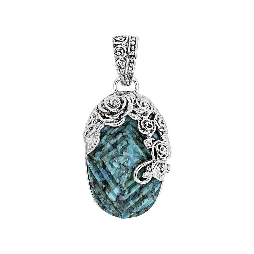 JTV Carved Composite Stone Sterling Silver Rose Floral Enhancer Pendant - Oxidized Look Natural Crystal Necklaces & Pendants, Floral Natural Crystal Necklaces & Pendants