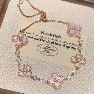 French Paris Rose Gold Pink Clover Flower Bracelet Sparkling Diamond Luxury Adjustable Dainty Luck Hand Chain Minimalist Elegant Jewelry Gift for Women